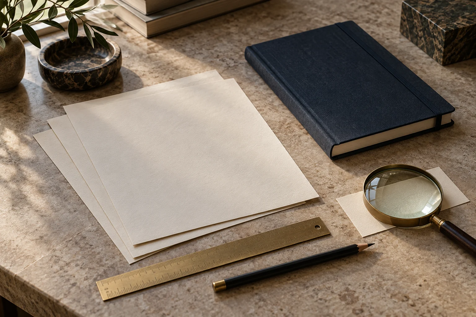 AI-generated still life of paper, a notebook and a magnifying lens